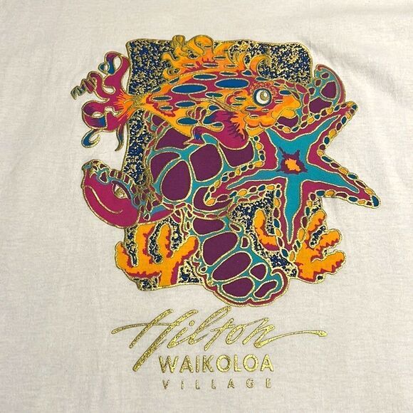 Hilton Waikoloa Village T-Shirt Woman’s Size Large White Turtle Fish Hawaii VTG - Picture 2 of 12
